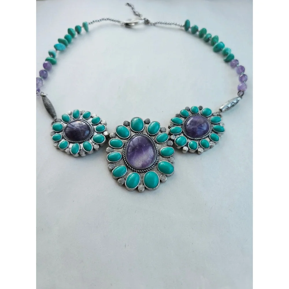 Southwestern Amethyst Magnesite Turquoise Silver Tone Boho Statement Necklace